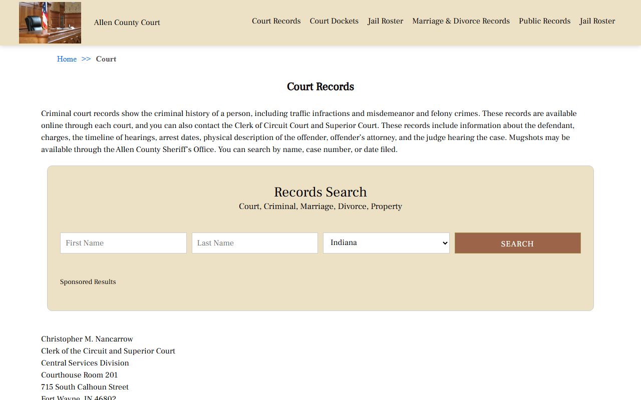 Allen County court records search page for criminal history