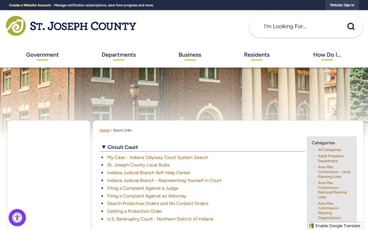 St. Joseph County Quick Links page for criminal history court case search