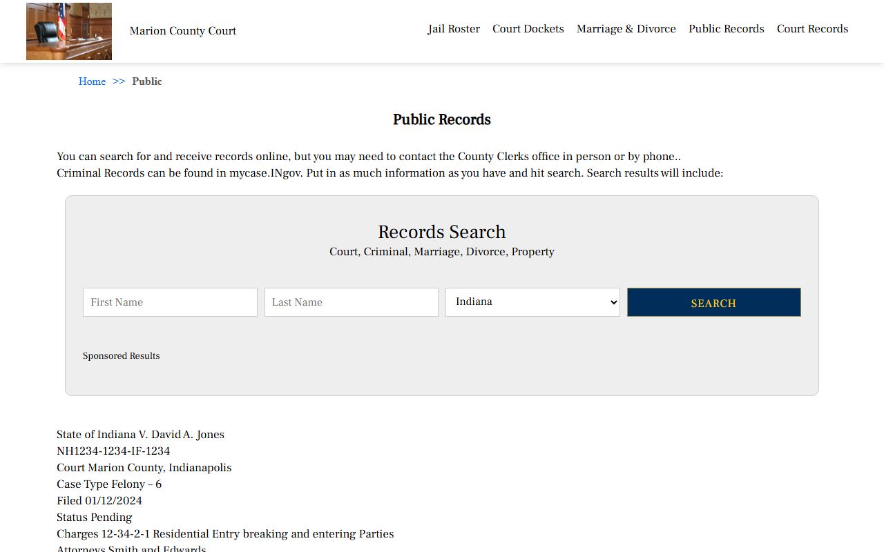 Marion County Court public records page for criminal history