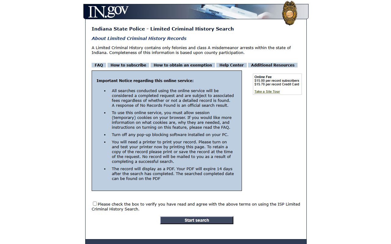 Indiana State Police Limited Criminal History search portal for Cass County records