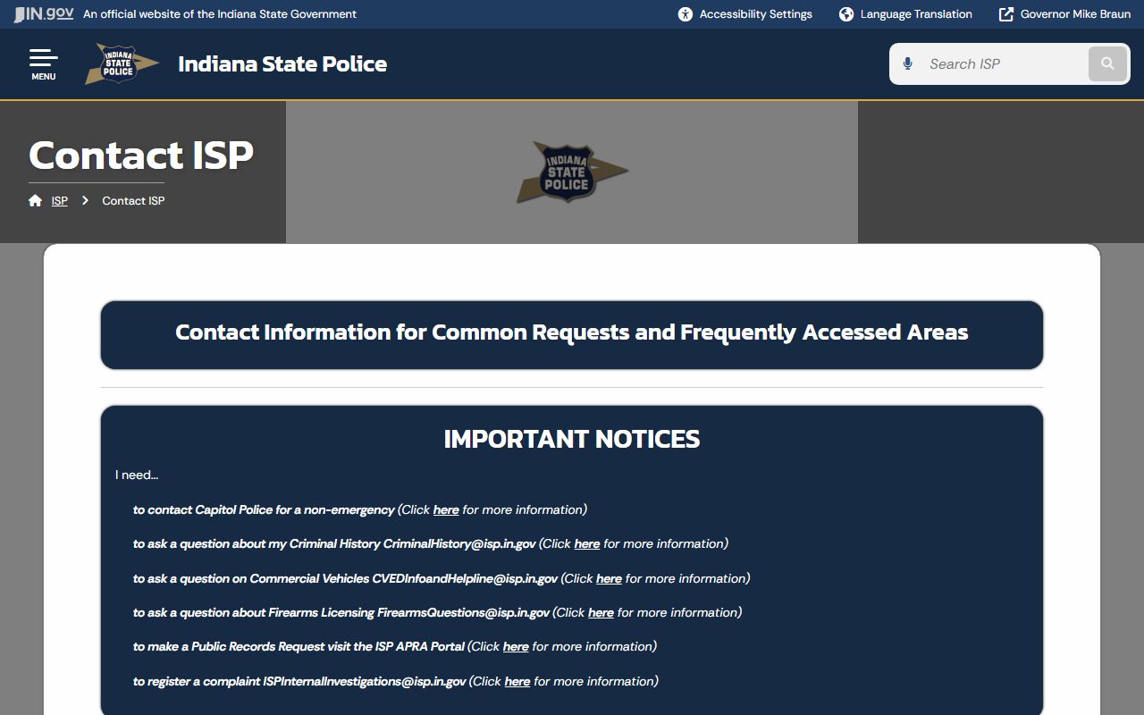 Indiana State Police criminal history services page for Hendricks County criminal history