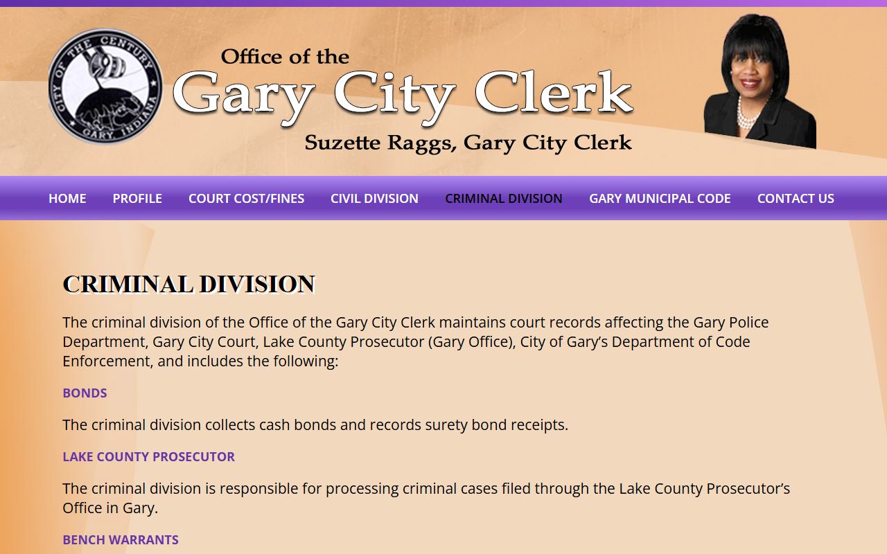 Gary City Clerk criminal division website for Gary criminal history records