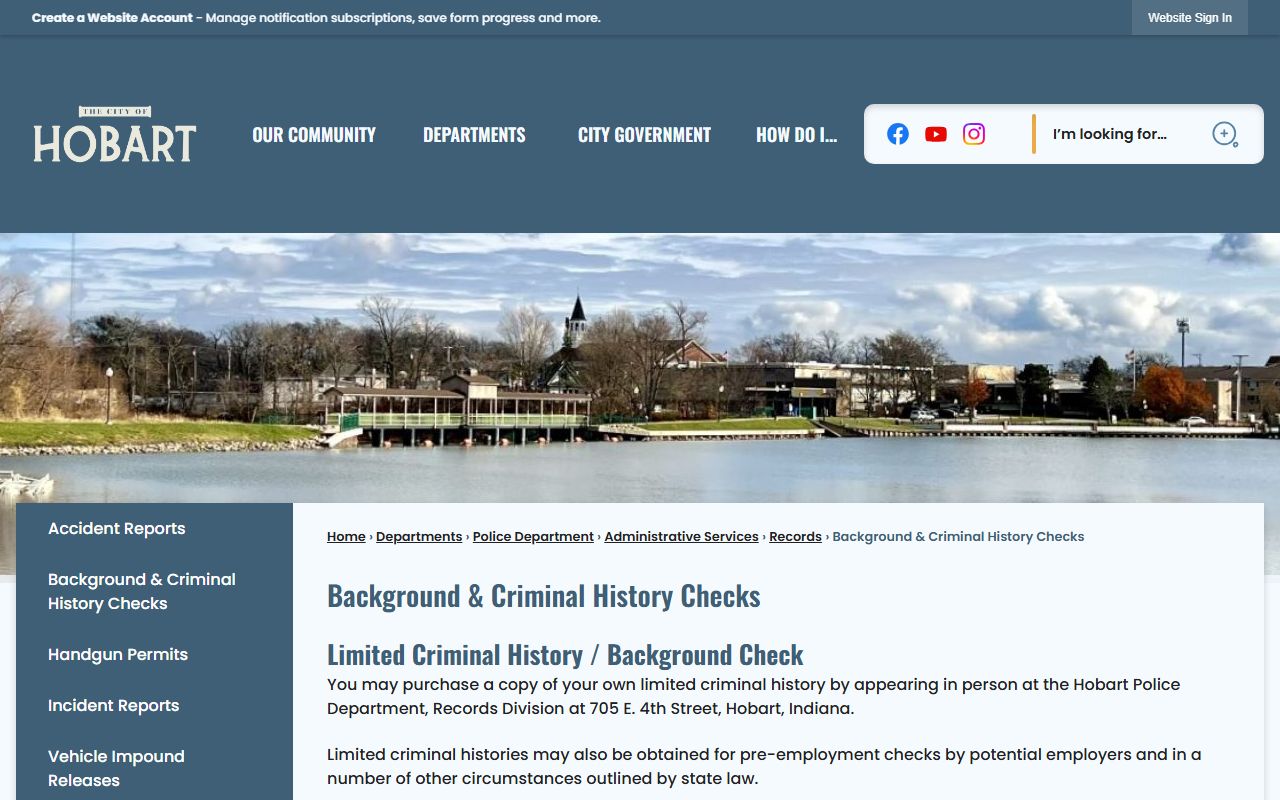 Hobart Police Department criminal history check information page