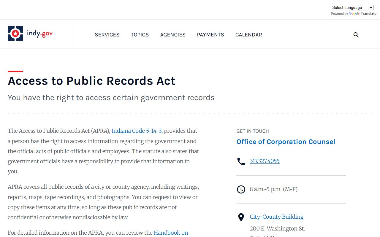 Indiana Access to Public Records Act page relevant to Lawrence County criminal history