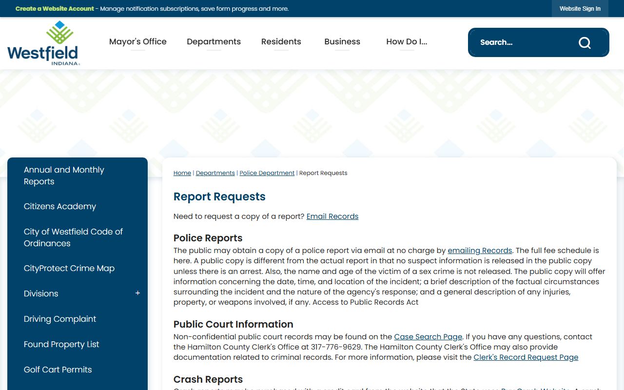 Westfield Police Department report request page for criminal history records